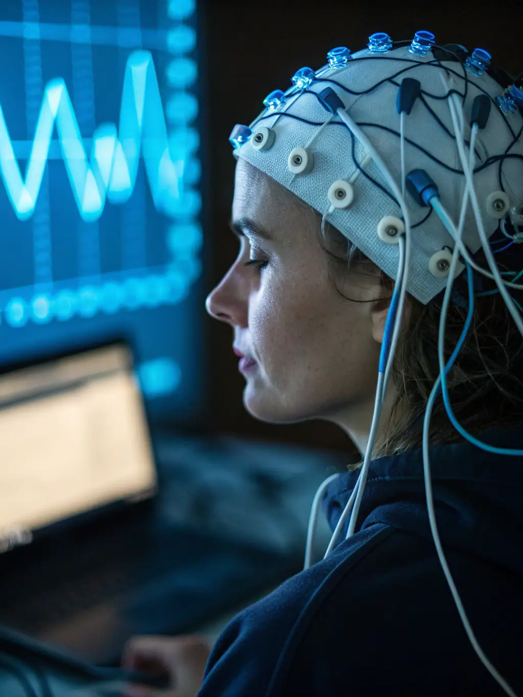 An athlete wearing a brain endurance training headset, focused and determined, with a background showing data visualizations of brain activity.