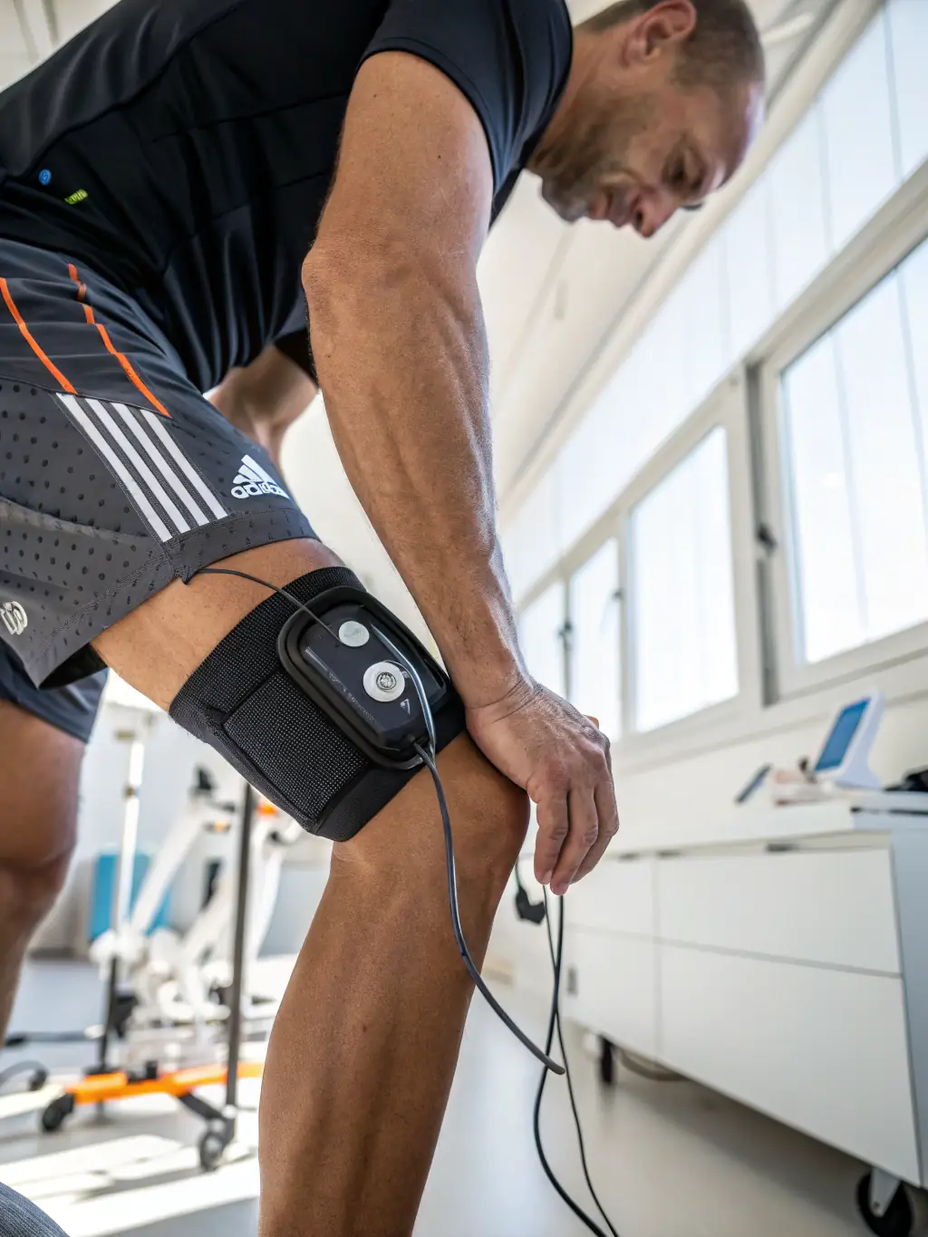 A close-up shot of an athlete using a BePro photobiomodulation device on their leg, showcasing the red light therapy in action. The athlete is smiling, indicating comfort and relief.