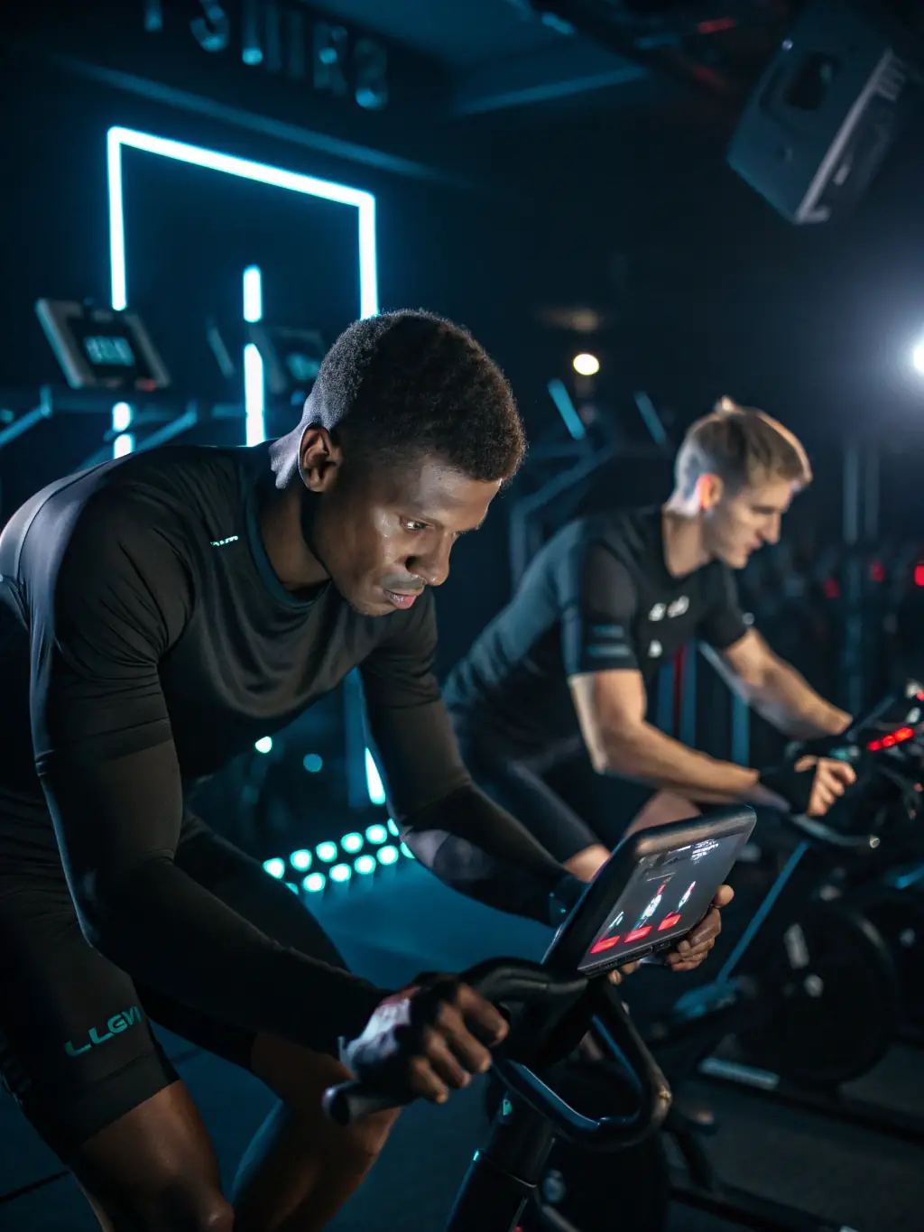 A predictive injury analysis interface, highlighting potential injury risks based on biomechanics, workload, and recovery status, set in a sports science lab.